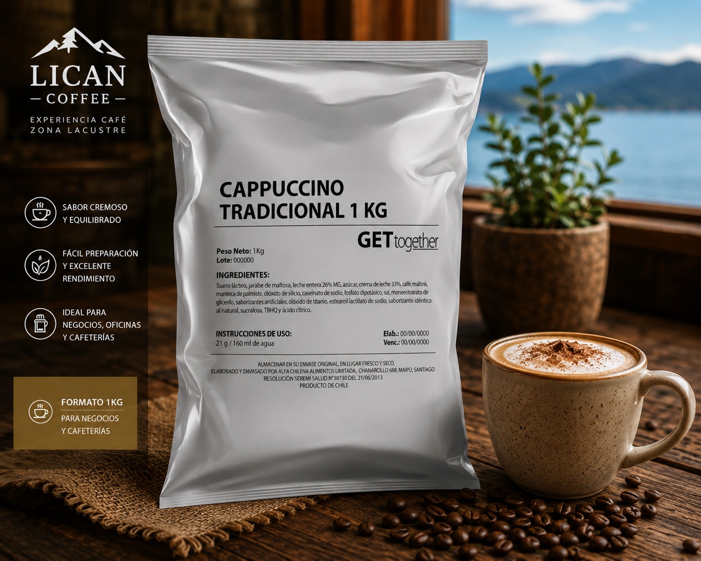 Envase de 1 kg de Cappuccino tradicional Lican Coffee junto a taza con espuma y cacao.