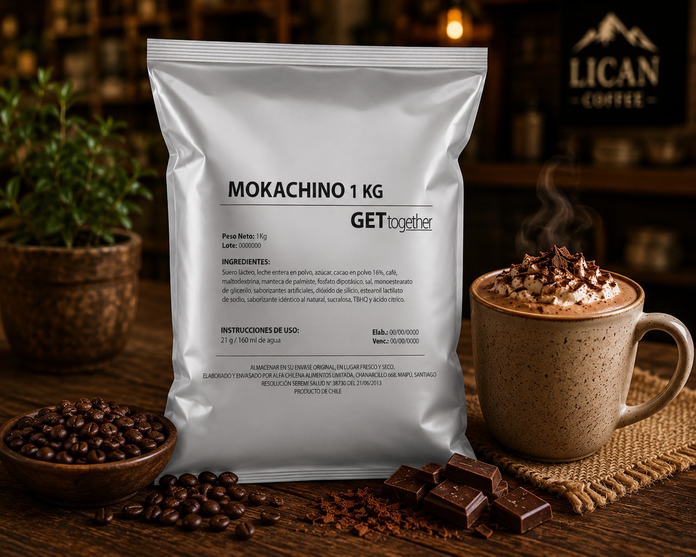 Envase de 1 kg de Mokachino Lican Coffee con taza de mokachino y granos de café.