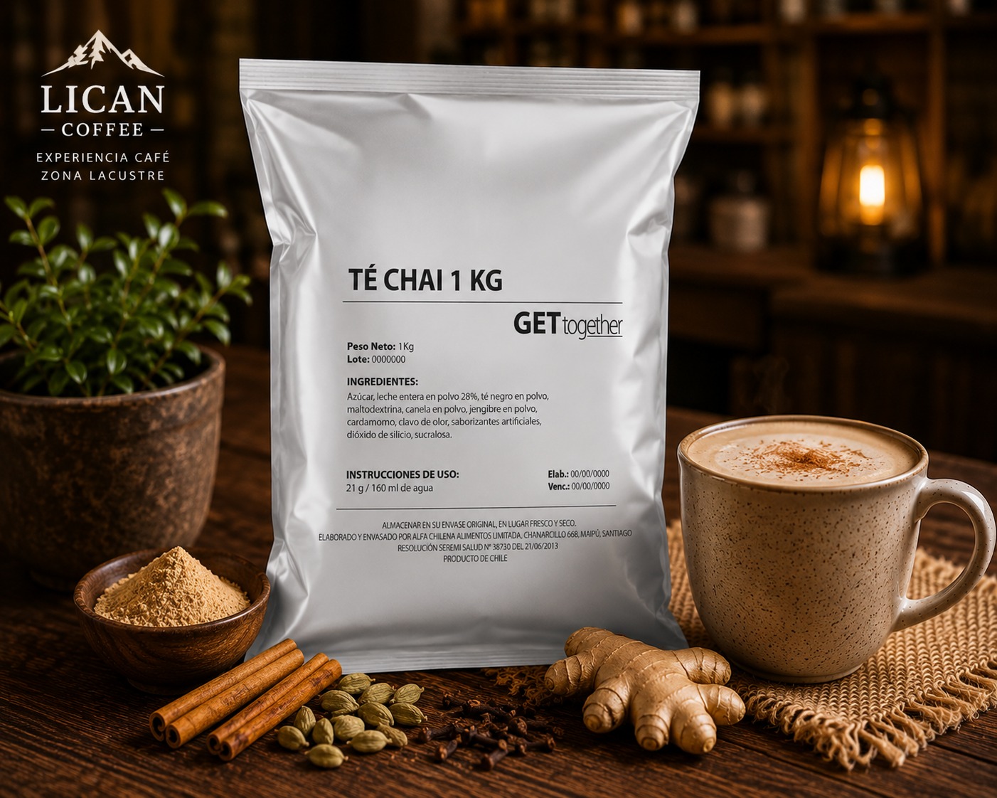 Envase de 1 kg de Té Chai Lican Coffee junto a especias: canela, jengibre y cardamomo.